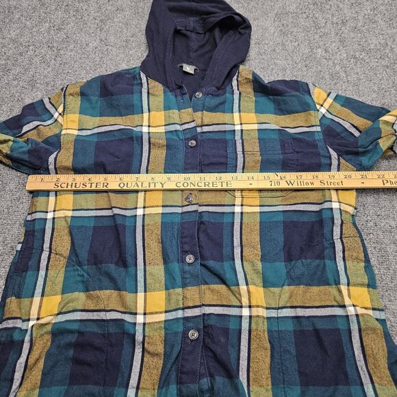 Eddie Bauer Plaid Flannel Hoodie Shirt M Womens Blue Green Yellow Cotton Casual - Picture 7 of 16